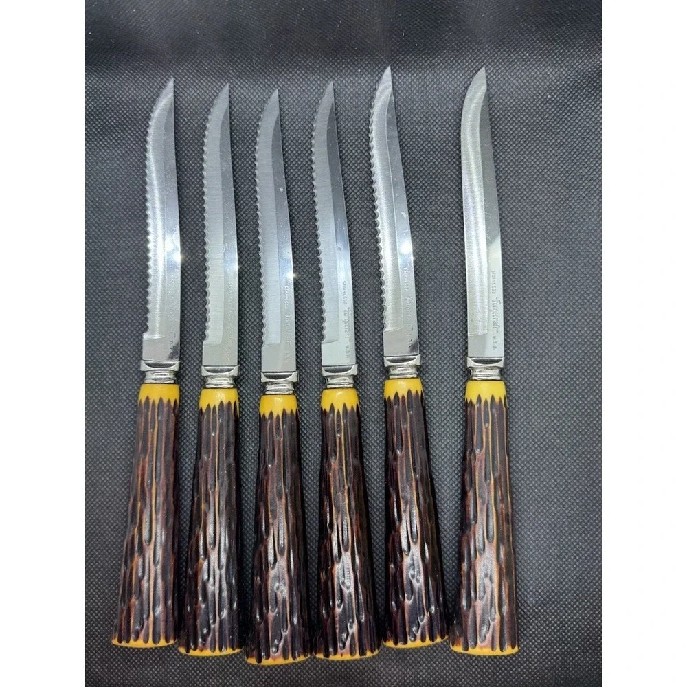 Vintage Forgecraft USA Steak Knives Set of 6 Faux Stag Drip Handle Stainless